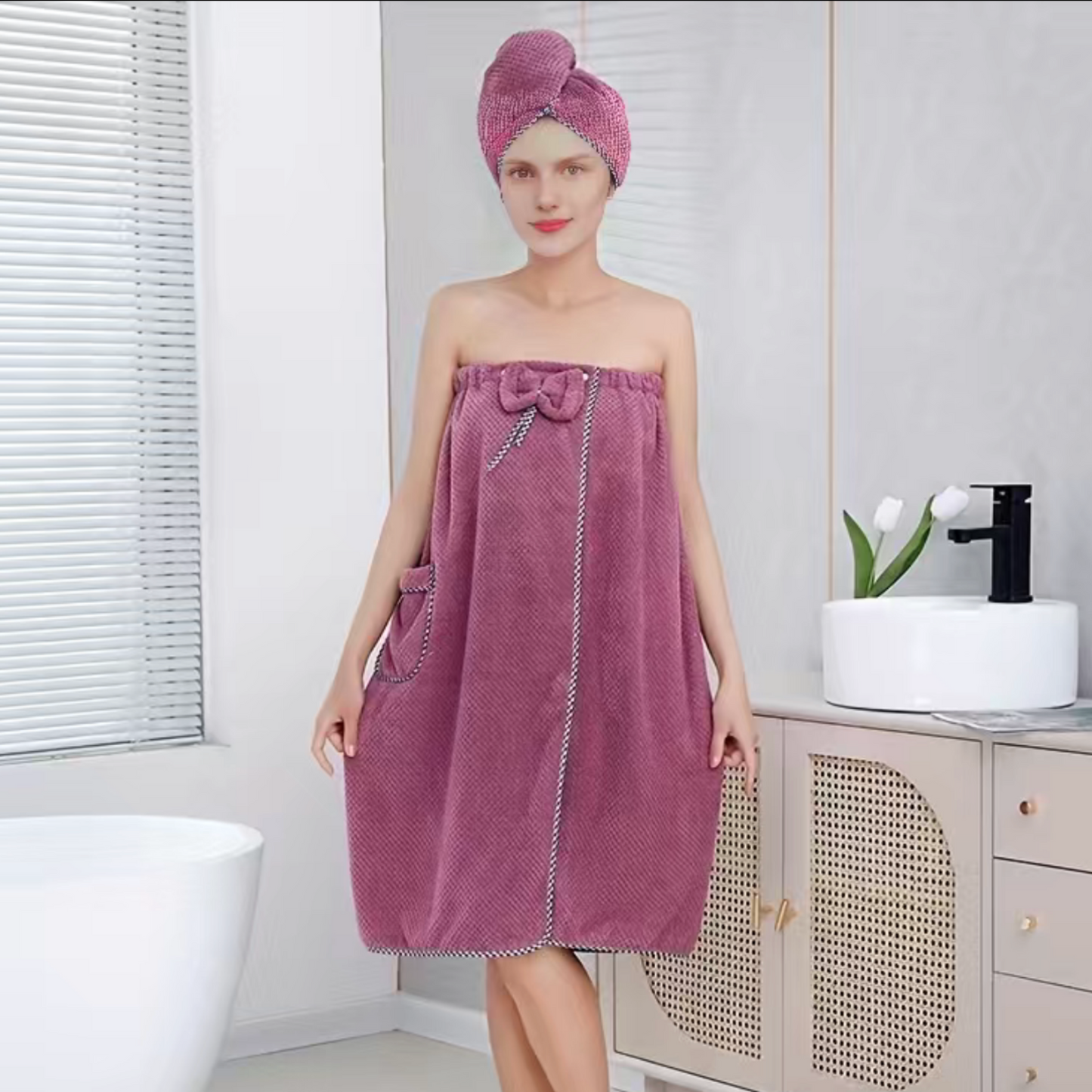 2Pcs Wearable Bath Towel With Hair Towel -  Bowknot Bath Skirt For Adults