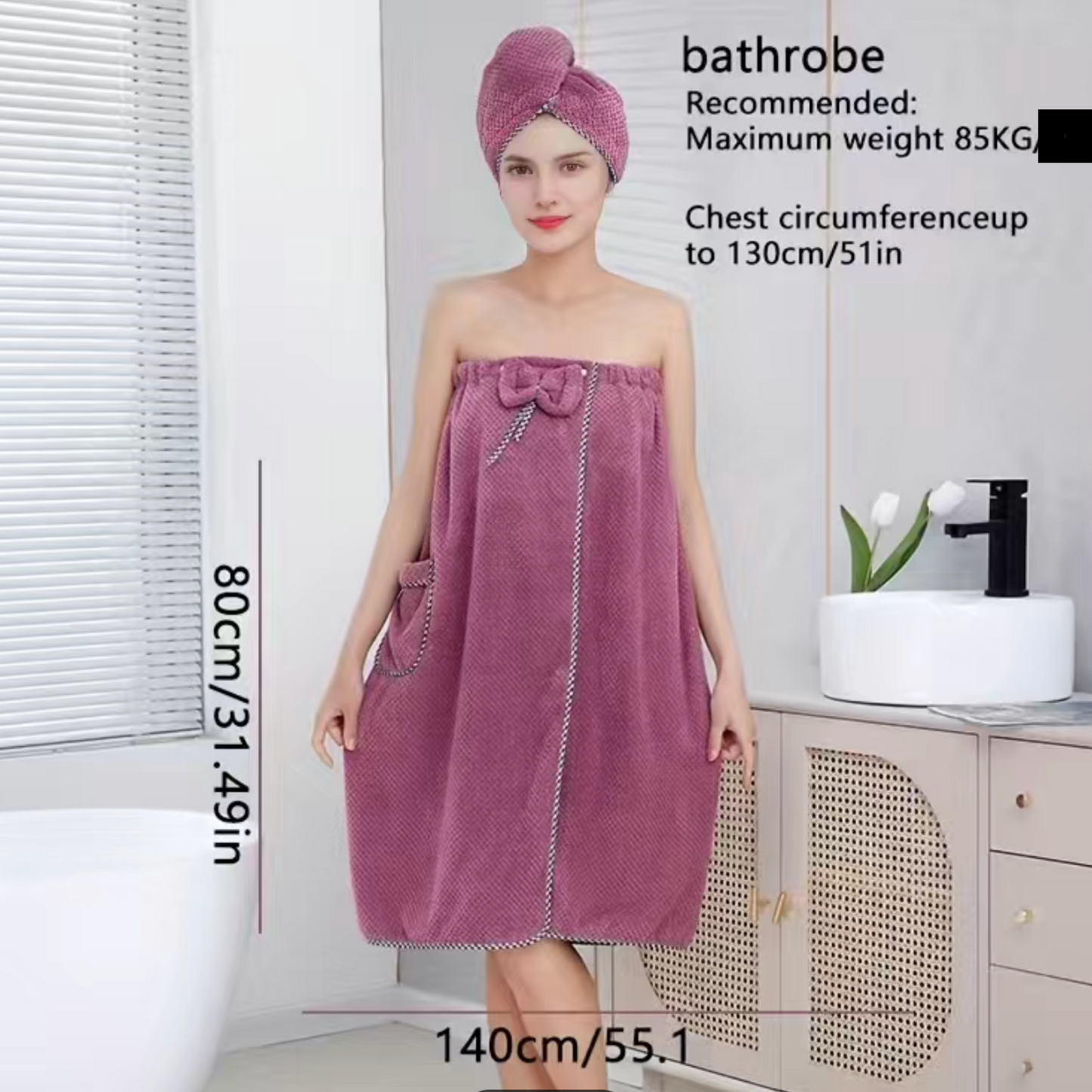 2Pcs Wearable Bath Towel With Hair Towel -  Bowknot Bath Skirt For Adults