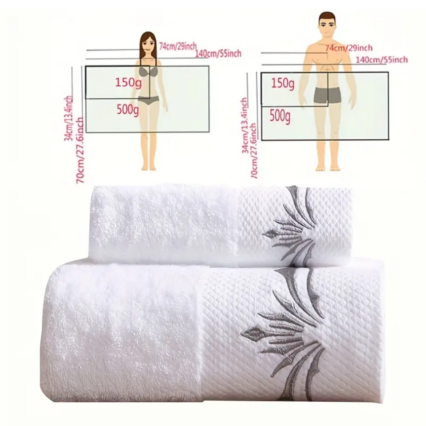 2/3Pcs Embroidery Super Plush White Pure Cotton Towel Set