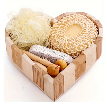 Heart-Shaped Wooden Spa Bath Gift Set - Loofa, Sisal Ball, Pumice, Hair Brush and Roller