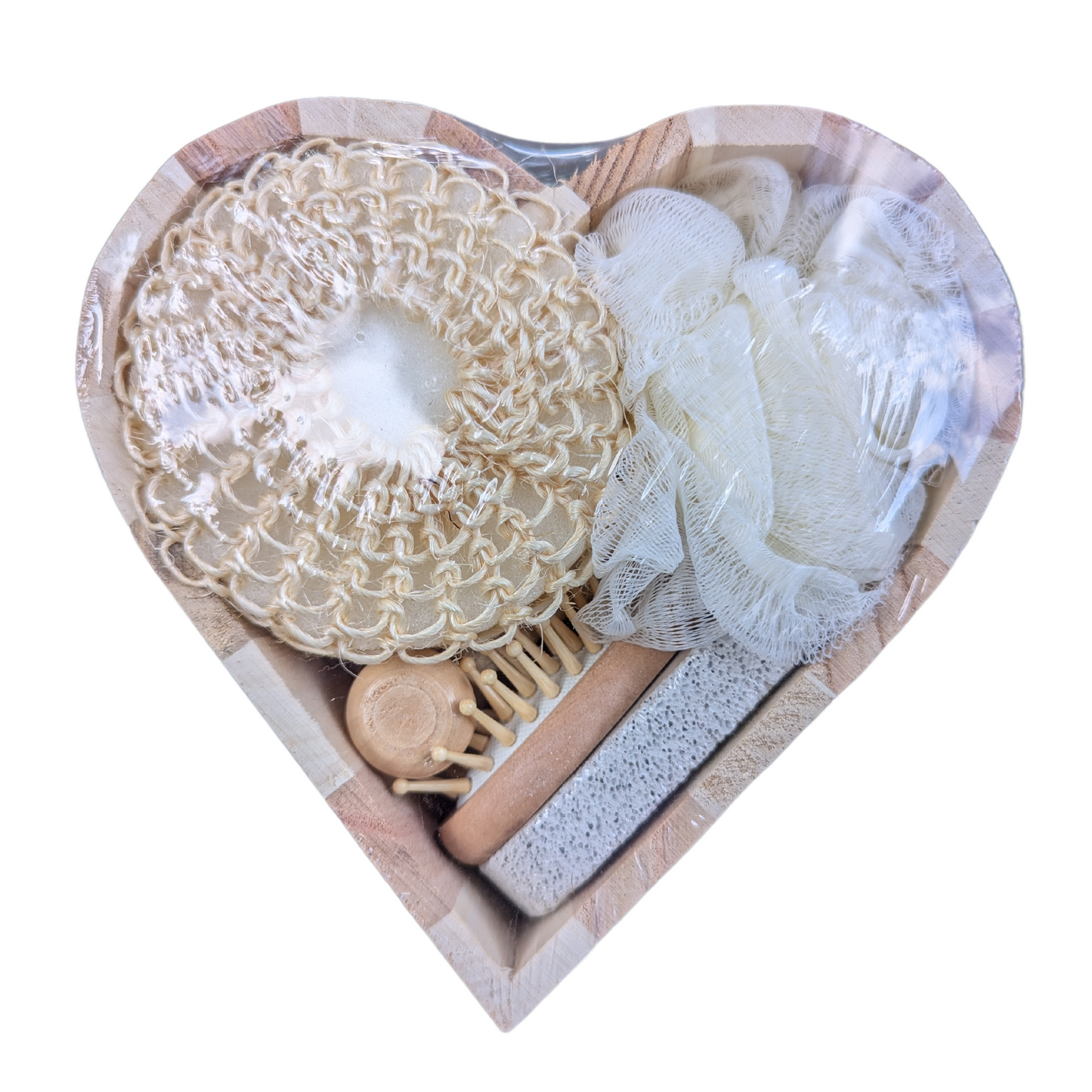 Heart-Shaped Wooden Spa Bath Gift Set - Loofa, Sisal Ball, Pumice, Hair Brush and Roller