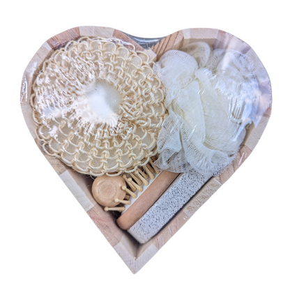 Heart-Shaped Wooden Spa Bath Gift Set - Loofa, Sisal Ball, Pumice, Hair Brush and Roller