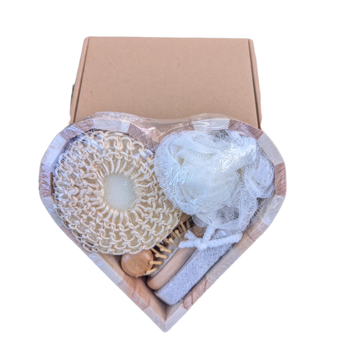 Heart-Shaped Wooden Spa Bath Gift Set - Loofa, Sisal Ball, Pumice, Hair Brush and Roller