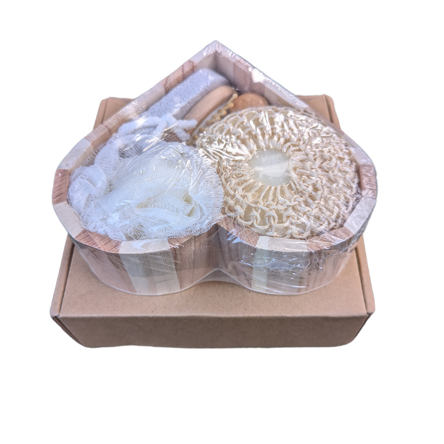 Heart-Shaped Wooden Spa Bath Gift Set - Loofa, Sisal Ball, Pumice, Hair Brush and Roller