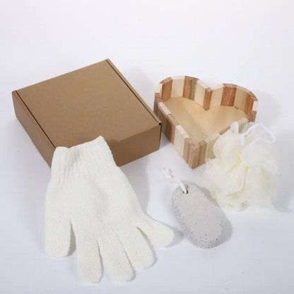 Heart-Shaped Wooden Spa Bath Gift Set - Loofa, Sisal Ball, Pumice, Hair Brush and Roller