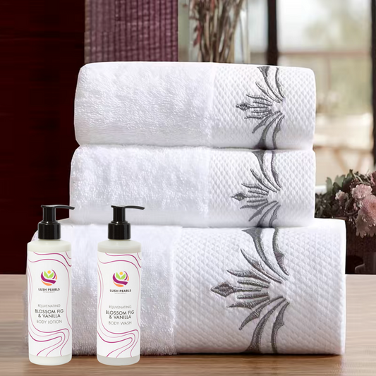 3Pcs Embroidery Super Plush White Pure Cotton Towel Set