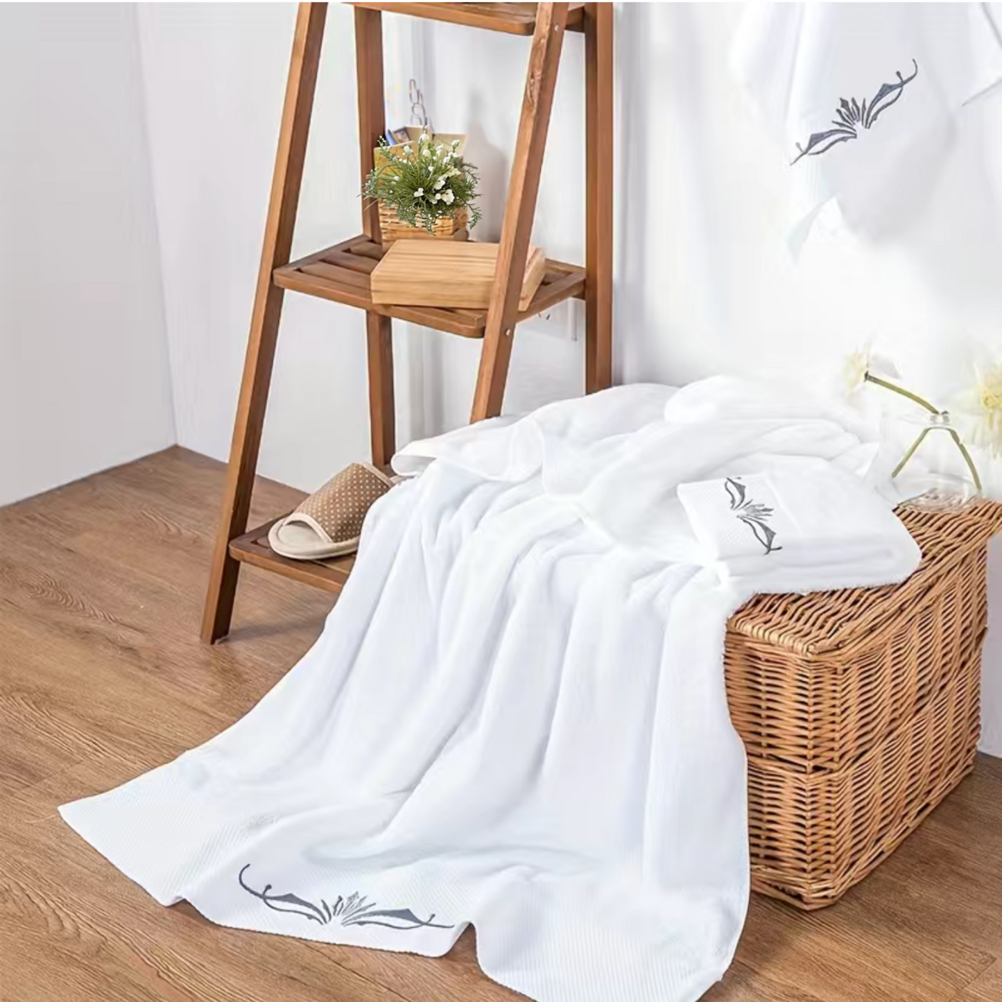 2/3Pcs Embroidery Super Plush White Pure Cotton Towel Set